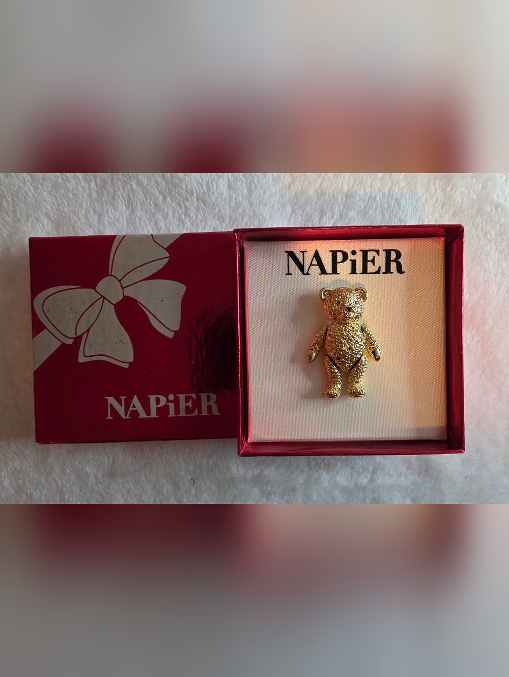 Vintage Napier Teddy Bear Brooch Pin Textured Rhinestone w/ Box